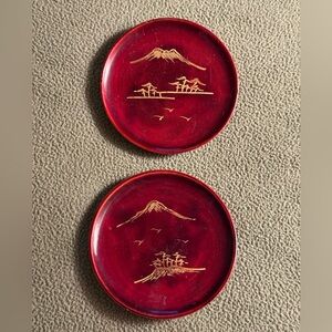 Set of 2 VTG Japanese Lacquerware 3-inch Dish Origami Motif Red Embossed